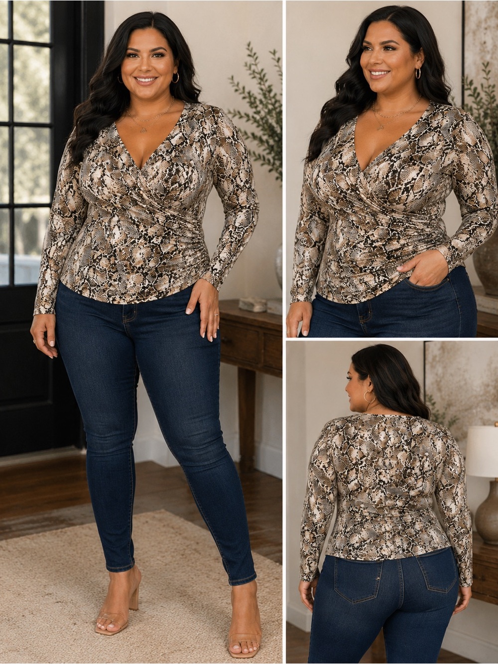 Stitch Surplice Snake Print Long Sleeve Top - Neutral Brown